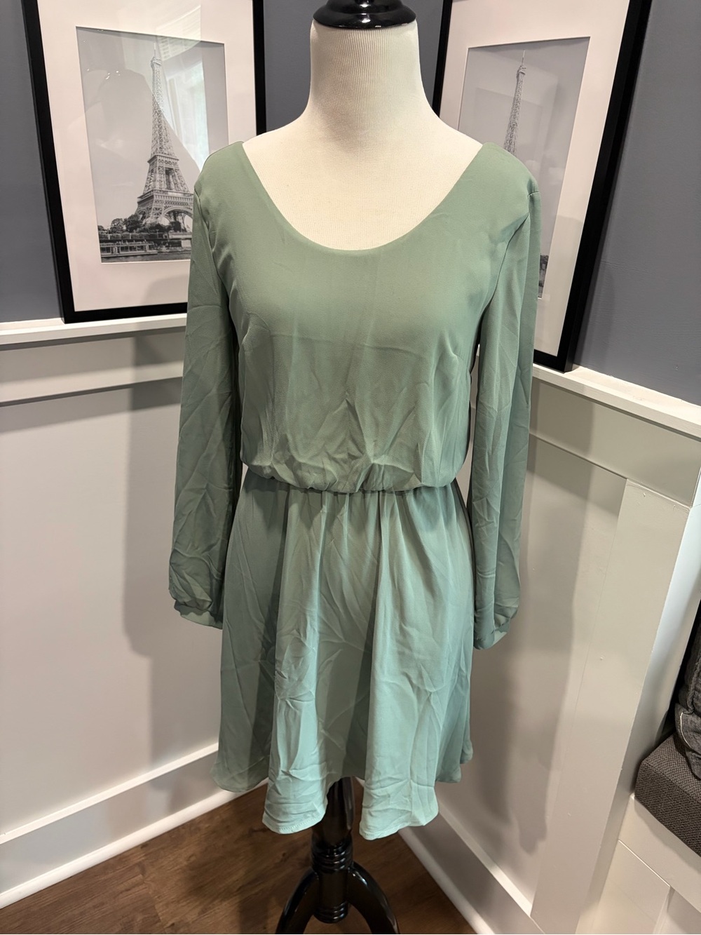 Lush Sage Green Long Sleeve Scoop Neck Dress